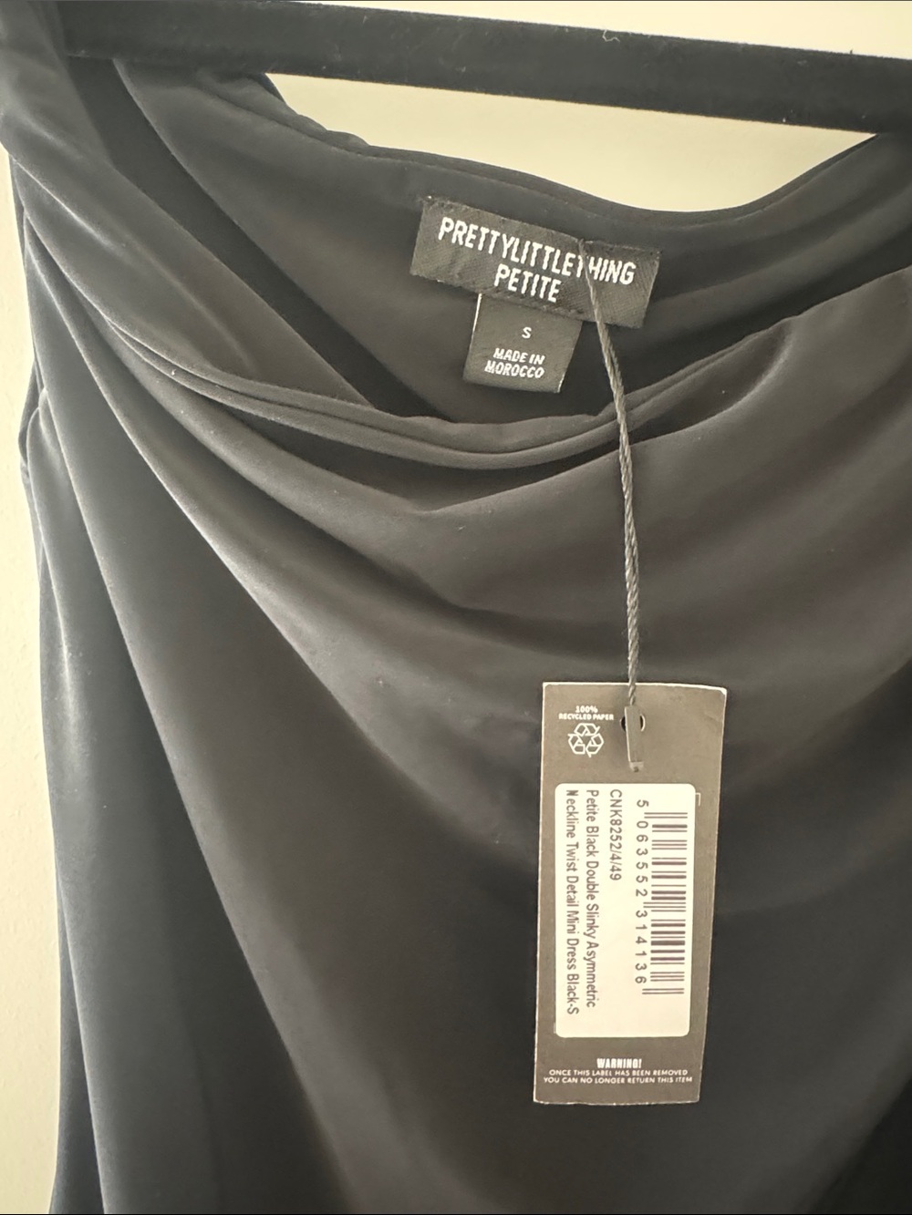 NWT PrettyLittleThing Black Asymmetrical Shoulder Drape Mini Dress